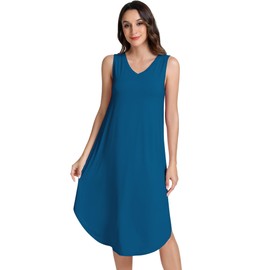 NACHILA Nightgowns for Women-Viscose Made from Bamboo,Soft Sleeveless Sleepshirt Cooling Tank Sleep Dress V Neck Sleepwear Peacock blue Small