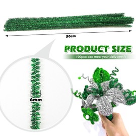 TOAOB 100pcs Glitter Pipe Cleaners Green Metallic Pipe Cleaners Craft Supplies 6mm x 12 Inch Chenille Stems Pipe Cleaners for Art DIY Crafts Decorations