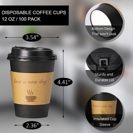 BYSNOW 100 pack 12 oz Thickened Coffee Cups with Lids, Scald Resistant Hot Cups with Sleeve and Straw, To Go Coffee Cups for Home, Office, Cafes and Party (Black 12oz)