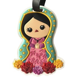 By Mexico Identificador de Maleta Muñeca Virgen Lupita de PVC con Correa y Tarjeta de Datos, Etiqueta para Equipaje Diseño Multicolor, Tamaño 12.5 x 7 x 0.5 cm, Ideal para Maletas, Mochilas y Bolsas