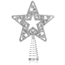 AKH® Silver Christmas Tree Topper Star | 19cm Size | Glittered Metal Christmas Tree Topper |Glitter Xmas Trees Top Decoration |Christmas Tree Top Star |For Christmas Decoration |Xmas Treetop Ornaments