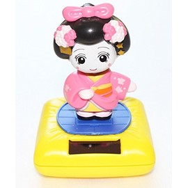 Pink Standing Geisha Yellow Base Solar Powered Japanese Kimono Girl Car Bobble Head Doll Toy Home Decor Figurine Birthday Blessing Gift