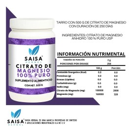 Citrato De Magnesio Y Citrato De Potasio 500 gramos cada uno Suplemento Alimenticio en polvo Saisa Herbal Sin sabor Alta biodisponibilidad Apoyo del  