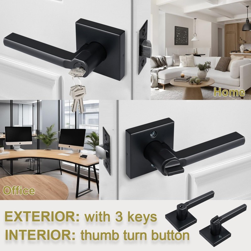 HISAFE Heavy Duty Keyed Entry Door Lever, Matte Black Square