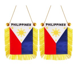 Philippines Flag Filipino Hanging Flag Philippines Small Mini Window Flags Rearview Mirror Decoration With Suction Cup Golden Fringy(2 Pack)
