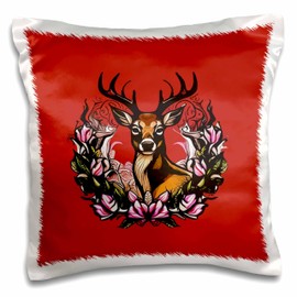 3dRose 16x16 inch Pillow Case - Arkansas Deer with Antlers and Apple Blossom Tattoo Art Vector Art - Arkansas State Mammal Flower
