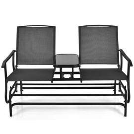 GoPlus Outdoor 2 Person Patio Double Glider Chair Loveseat Rocking Black W/ Glass Table