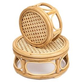 KUTORKILL Large Rattan Wicker Round Risers Decorative Indoor Plant Stand, Rustic Farmhouse Natural Small Wooden Circle Pedestal For Decor & Display, Boho Home Decor, Set of 2