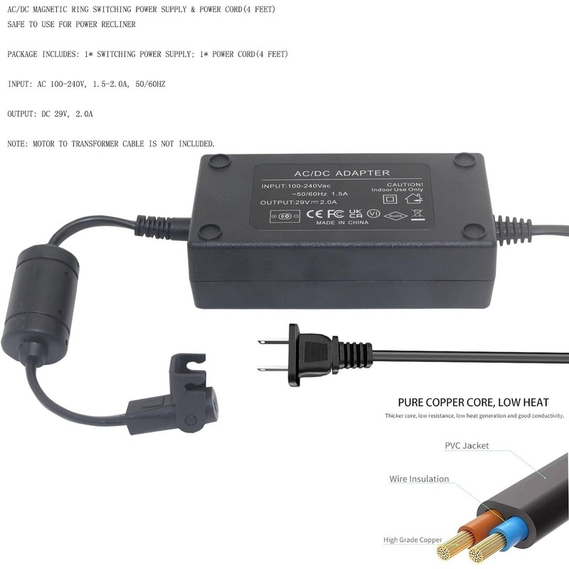 Universal Power Cord for Recliner Chair, 2-pin 29V 2A Recliner