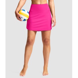 SANTINY Women's 17'' Long Swim Skirt with Pockets High Waisted Modest Tummy Control Swimsuit Skirt Bathing Suit Bottoms (Rose_L)