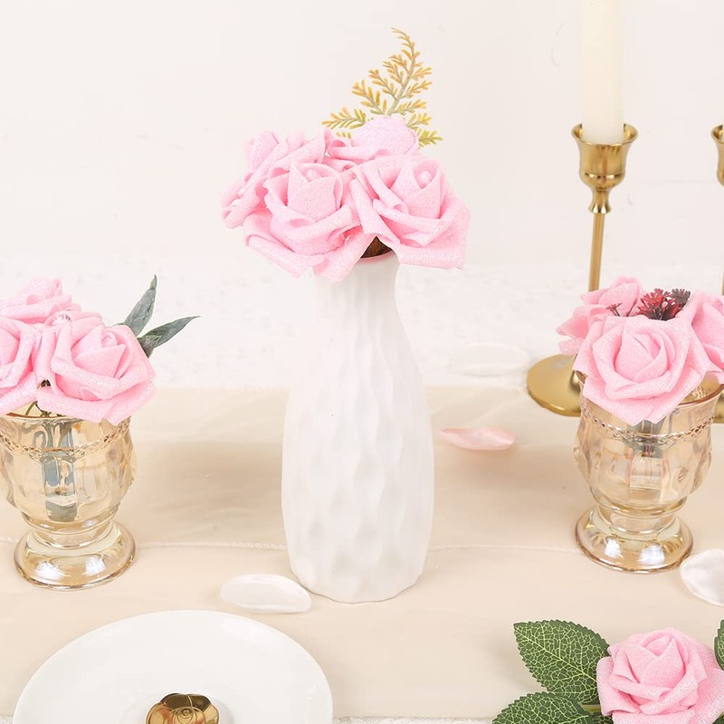 IPOPU Artificial Roses,25pcs Pink Roses Artificial Flowers Glitter Flowers Foam