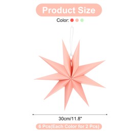 MECCANIXITY 6 Pcs Paper Star Lanterns 9-Pointed 12" Hanging Star Paper Lantern Hanging Lampshade for Christmas,Wedding,Graduation Party Supplies, Mint Green, Pink, Red