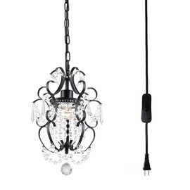 riomasee Plug in Chandelier Hanging Light Fixture with 14.27 Ft Hanging Cord and On/Off Switch,Mini Black Crystal Chandelier Light Fixture for Bedroom,Girls Room,Bathroom