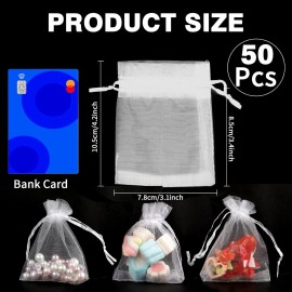 BOEIAC 50 Pk White Organza Bags 3x4" Sheer Drawstring Jewelry Favor Pouches