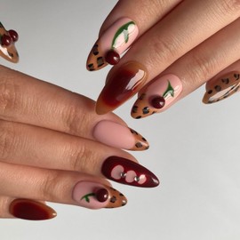 Handmade Press on Nails Brown French Medium Almond Fake Nails with Cherry Rhinestone Design Spring Summer False Nails Luxury Gradient Stick on Nails Muti-Layer Gel Acrylic Nails for Women (Size M)