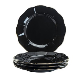 Gracie China Porcelain Black Gold Scallop Set of 4 Salad/Dessert Plates 8-Inch