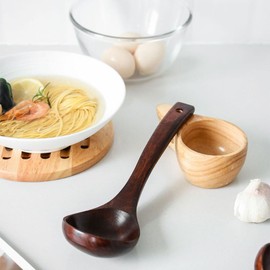 Bamboo Wooden Spoons Set Long Handle Spoon Old Lacquer Spoon Wooden Soup Ladle Porridge Spoon for Family Restaurant Hotel (Straight Handle)