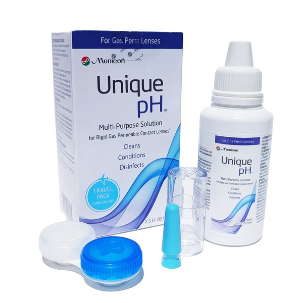 Menicon Unique pH Multi-Purpose Saline Solution Travel Pack 2.5 Oz and DMV Scleral Cup Large Contact Lens Handler - Remover, Inserter - Bundle of 2 Items