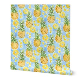 Removable Wallpaper 9ft x 2ft - Pineapple Summer Tropical Fruit Hawaii Watercolor Beach Custom Pre-Pasted Wallpaper by Spoonflower
