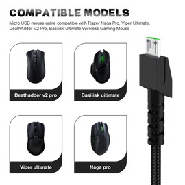 Replacement Wireles Mouse Charging Cable Micro USB Charger Cord Compatible with Razer Naga Pro 20000 DPI,Razer Viper Ultimate,Basilisk Snake Ultimate,DeathAdder V2 Pro/Basilisk Ultimate Mouse (Black)