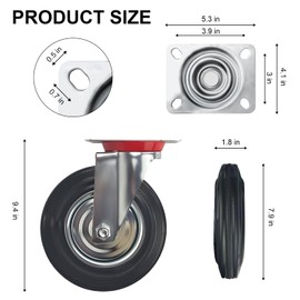 SHCBTRC 8 Inch Heavy Duty Casters Wheels Set of 4, Large 3200lbs Swivel Rubber Wheel Outdoor Castors, Industrial Casters for Furniture、Workbench、Dolly、Cart、Trolley、Chicken Coop (4 Swivel)
