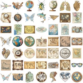 50Pcs Retro Map Aesthetic Stickers Pack, Vintage World Map Vinyl Waterproof Sticker for Water Bottles Laptops Scrapbooking Journaling,Cool Retro Map Aesthetic for Kids Teens Adults