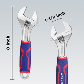 WORKPRO 8-inch Adjustable Wrench, Wide Jaw Opening Wrench with Rubber Anti-slip grip, Metric/SAE Scales, Premium Cr-V Steel, Chrome Plated