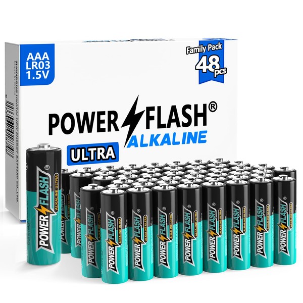 POWER FLASH AAA Batteries, 48 Count Maximum Power Ultra Long-Lasting Alkaline Triple A Battery, Leakproof Design, 10 Years Shelf Life