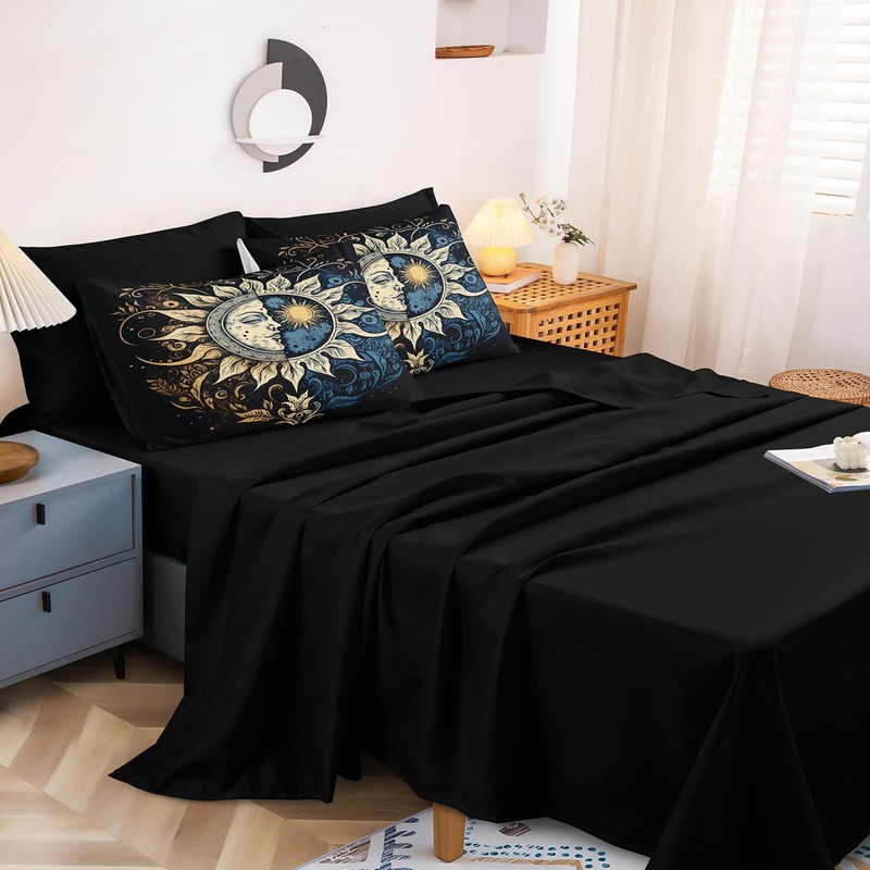 Sun and Moon Comforter Set Black Boho Bedding Set Celestial