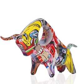 Resin Graffiti Bull Statue, Minimalistic Full-Color Bull Figurine Decor, Originality Abstract Bull Sculpture Home Decor, Suitable for Interior Decor, Bookshelf, Table top, Centerpiece(Graffiti B)