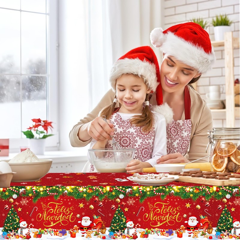 PHOGARY 2 Pcs Feliz Navidad Tablecloths Christmas Tablecloth, Santa Claus