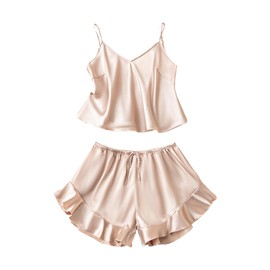 SOLY HUX Women's Pajama Set Silk Satin Sleepwear Cami Tops and Ruffle Shorts Loungewear Champagne Small