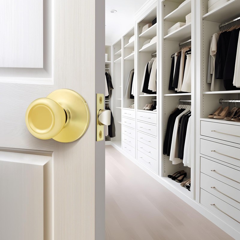 GOBEKOR 3 Pack Keyless Passage Door Knobs Closet Polished Brass