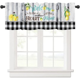 Llylumty Rustic Kitchen Curtains Valance Country Vintage Farmhous Fork Knife Spoon Cartoon Summer Fruit Lemon Plaid Rod Pocket Short Curtain Tiers for Cafe Window Drapes Treatment 54x18 Inch