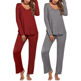 Ekouaer Womens 2 Pack Pajama Set Long Sleeve Pajamas Top and Pants V Neck Pjs Set Soft Sleepwear Loungewear