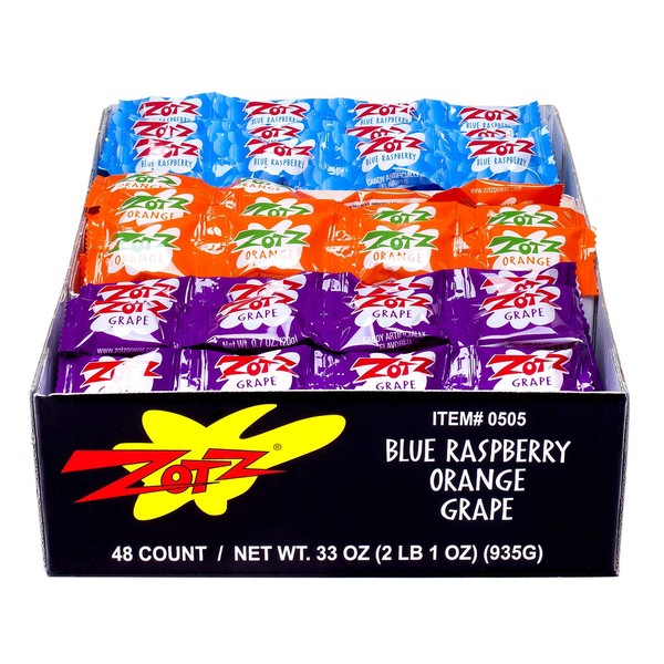 Zotz Fizz Power Candy Assorted - Fruit Flavored Hard Candy with a Fizzy Center | 48 Strings, 4 Pieces/String | Blue Raspberry, Orange & Grape | Gluten-Free
