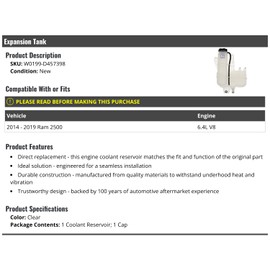 Marketplace Auto Parts Engine Coolant Expansion Tank Reservoir with Cap - Compatible with 2014 - 2019 Ram 2500 6.4L V8