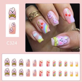 Press on Nails Easter Fake Nails Medium Length Stick on Nails with Cute Rabbit Rainbow Cherry Designs Acrylic Nails Full Cover Nude Glossy Glue on Nails for Women Girls Party Manicure Kit 24pcs