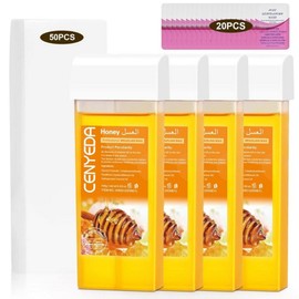 CENYEDA Roll On Wax Kit Hair Removal Cartridges 4 Pack of Honey Rollers with 50 Strips and 20 After Wipes, Gold / CENYEDA 롤 온 왁스 키트 제모 카트리지 50개의 스트립과 20개의 애프터 물티슈가 포함된 허니 롤러 4팩, Gold