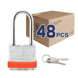 LanuBe Lock Laminated keyed Padlock (1-9/16", 40mm), keyed Alike Locks, Long Shackle,Marked Orange Plastic Hoop, Pack of 48