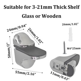 bociloy 4Pcs Adjustable Wood/Glass Floating Shelf Brackets Wall Mount, Polished Chrome Heavy Duty Zinc Alloy Glass Bracket, for 3-21 mm Thickness Shelf