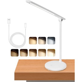 Aigostar LED Schreibtischlampe, schreibtischlampe kinder dimmbar, 3 Modi und 5 Helligkeitsstufen, faltbar und flexibel, desk lamp mit 100cm USB-Kabel und Speicherfunktion, Touch-Steuerung, Weiß