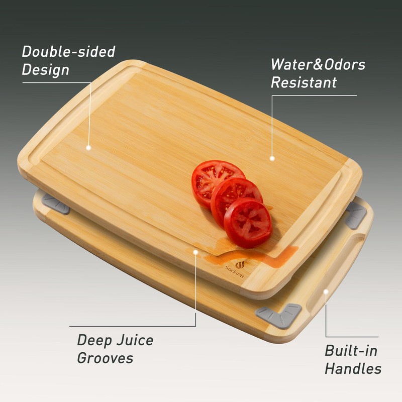 Bamboo Cutting Board Set Non Slip Feet with Holder Over