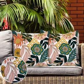 Jartinle Boho Flower Outdoor Pillow Covers Waterproof Set of 2 Tropical Leaves Bohemian Blooming Floral Pattern Patio Throw Pillow Covers for Porch Balcony Garden Furniture (20x20)