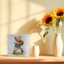 Bear Football Wood Box Sign 5x5 Inch, Bear Nursery Decor, Vintage Cute Bears Football Player Wood Box Signs for Nursery Kids Boys Girls Room Bedroom Home Office Shelf Table Desk Decor