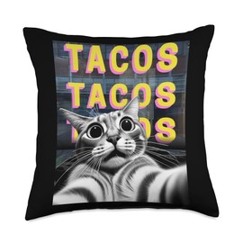 Funny Crazy Cat Selfie Cat Taco Selfie Taking Taco Shop Cat Selfie Throw Pillow, 18x18, Multicolor