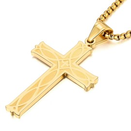 Jurikko Celtic Irish Knot Cross Necklace for Men Boys Stainless Steel Infinity Gold Cross Pendant Necklace Rolo Chain 28'', Stainless Steel, No Gemstone