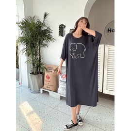 TRTRO Women's Long Nightgown Loungewear, Loungewear, Loose, Homewear, Large Size, Pajamas, Sleepwear, Cute Print Pattern, Elephant pattern iron grey