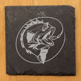 Fierce Bass Bites: Laser-Etched Slate Coasters - Unique Fishing-Themed Drink Mats for Home decor - Square Slate - set of 8