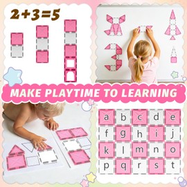 BOLORBT Magnetic Tiles for Kids, Pink Princess Castle Magnet Building Blocks with 2 Dolls & Balconies, 98PCS 3D Diamond STEM Toys for Creative Pretend Play, Birthday Gifts for Girls Ages 3-8